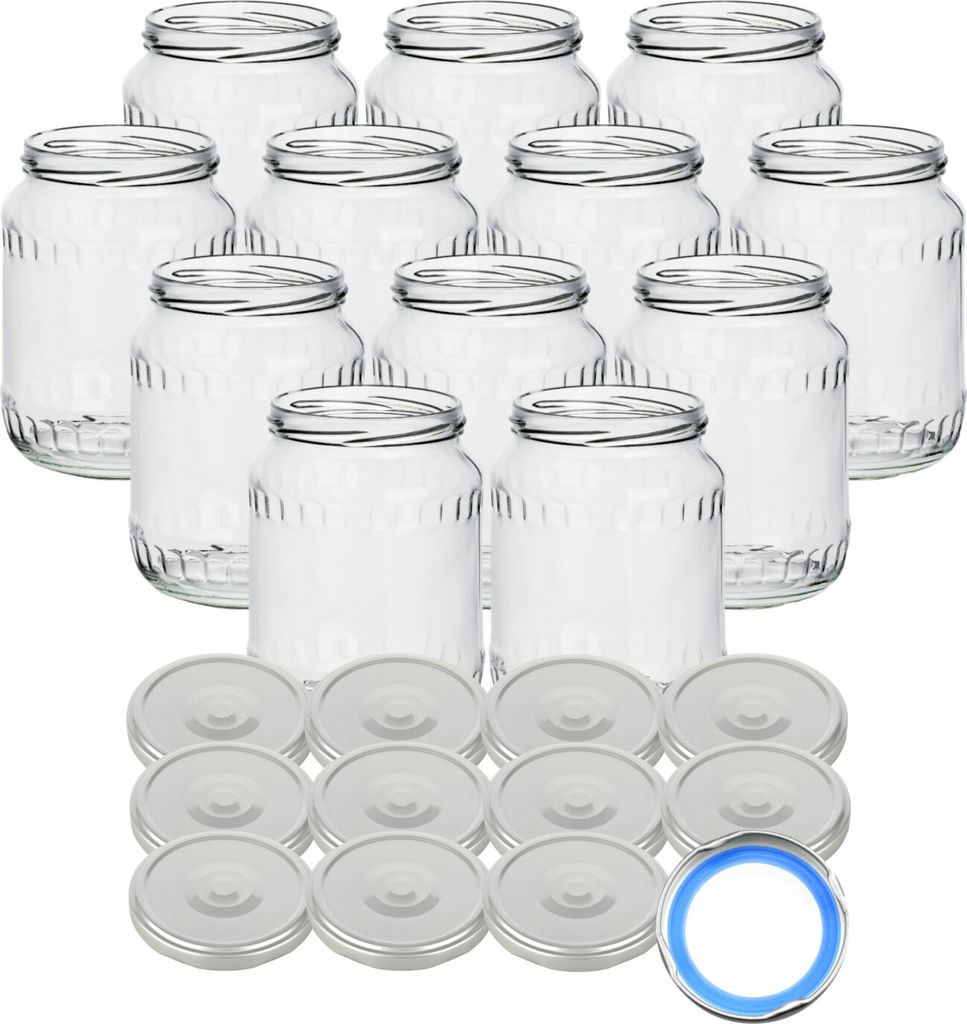 gouveo 12er Set Einmachgläser 720 ml Facette mit Schraub-Deckel silberfarben BLUESEAL - Große Vorratsgläser mit Drehverschluss TO82 - Leere Marm...