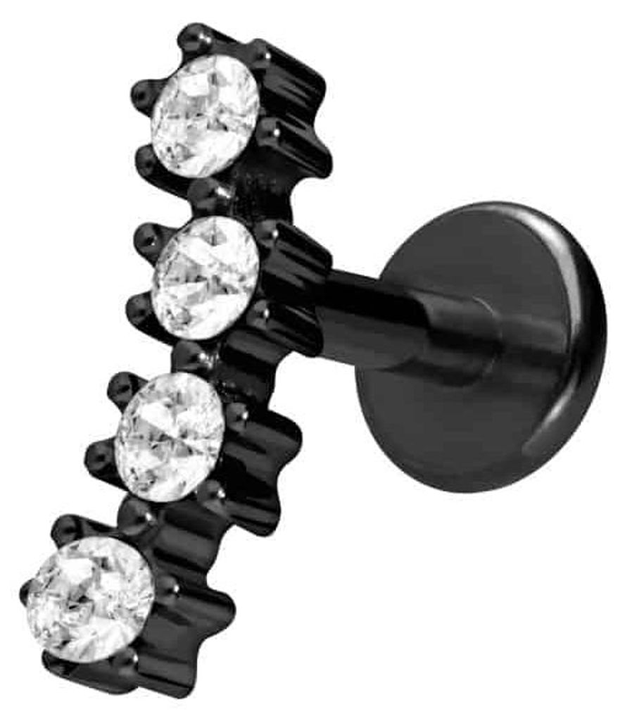 Ohrpiercing, Nasenpiercing Titan Labret mit Innengewinde 4 EINGEFASSTE KRISTALLE Schwarz Stablänge: 6mm | Stabstärke: 1,6mm