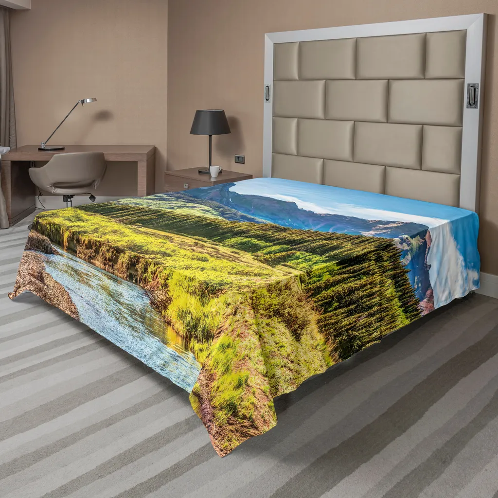 Drap de Lit Supérieur Doux Décoratif Motif Forêt et Rivière de Montagne
