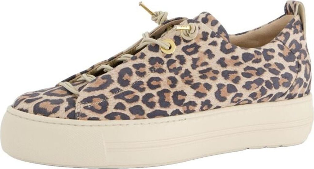 A single leopard-print sneaker is shown from the side against a white background.
