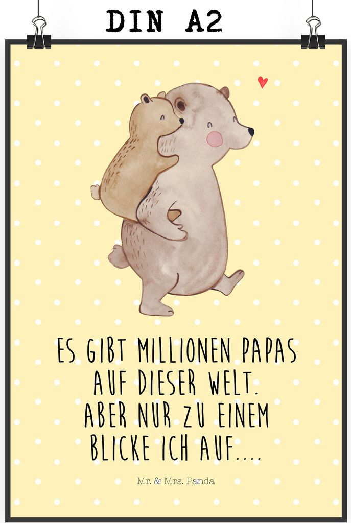 Mr. & Mrs. Panda Bild Papa Bär DIN A2 - Gelb Pastell - Geschenk, Design Poster, wandkunst, wanddeko, Wandbild, Vatertag, Plakat, Vater, Muttertag,...