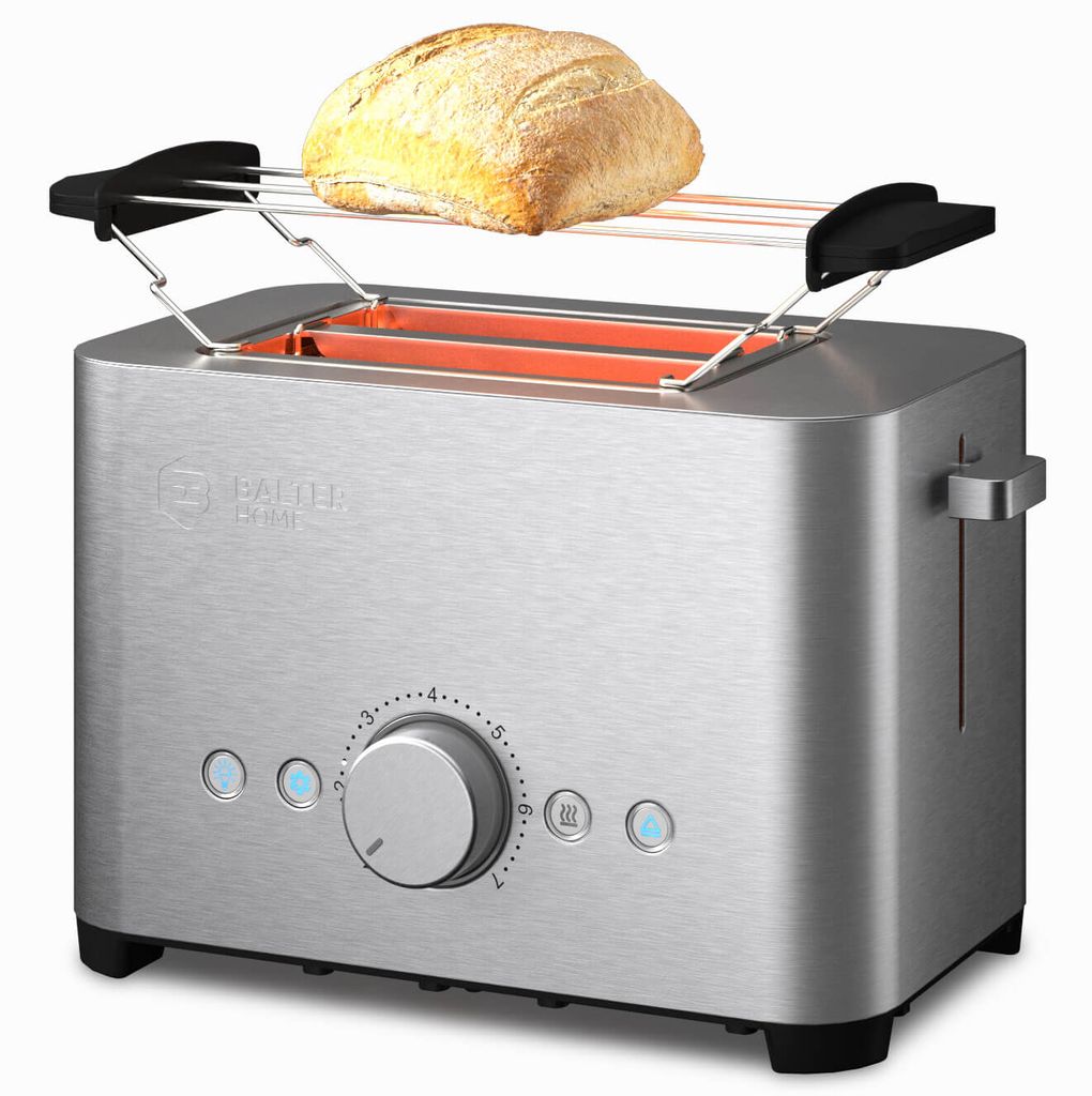 2-Schlitz Toaster 750W mit Brötchen Aufsatz Aufwärm Auftau Funktion Edelstahl 