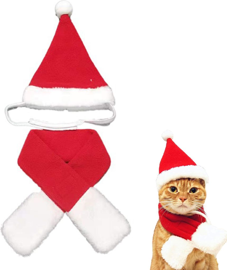 Weihnachtsmannmütze für Katzen mit Schal, Weihnachtsmannmütze für Katzenwelpen, Weihnachtskostüm-Set für Haustiere, Welpe, Weihnachtsparty-Ko...