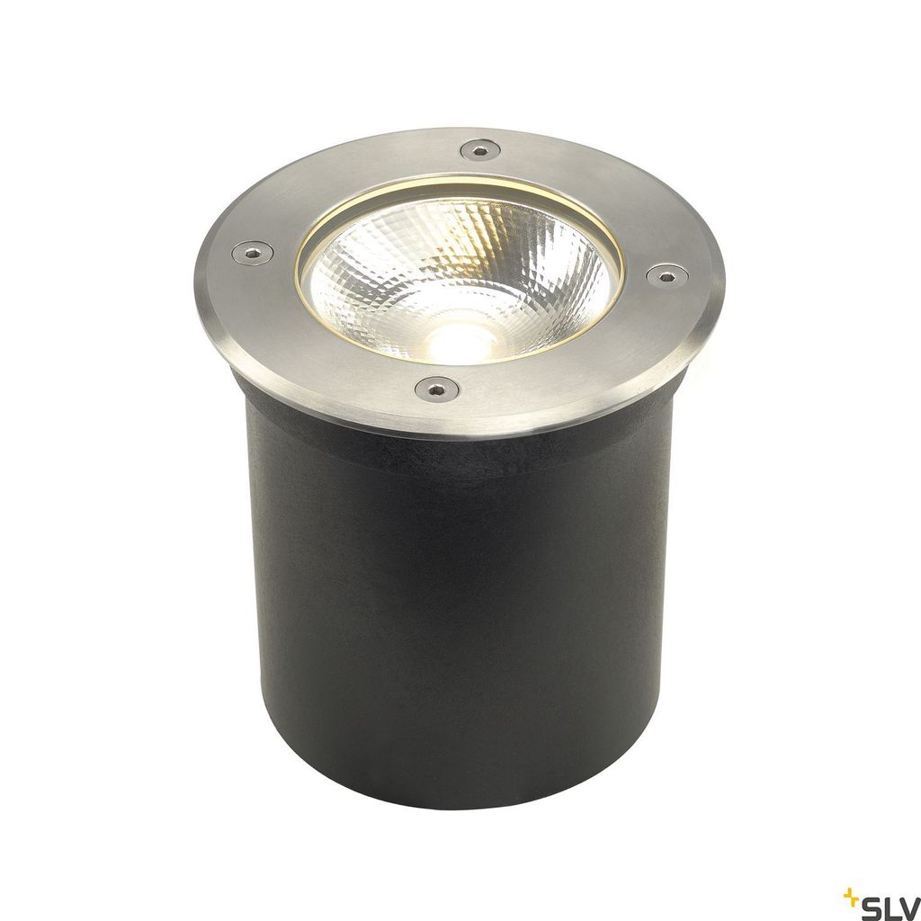 A black cylindrical ground light with a silver rim and a bright light source.