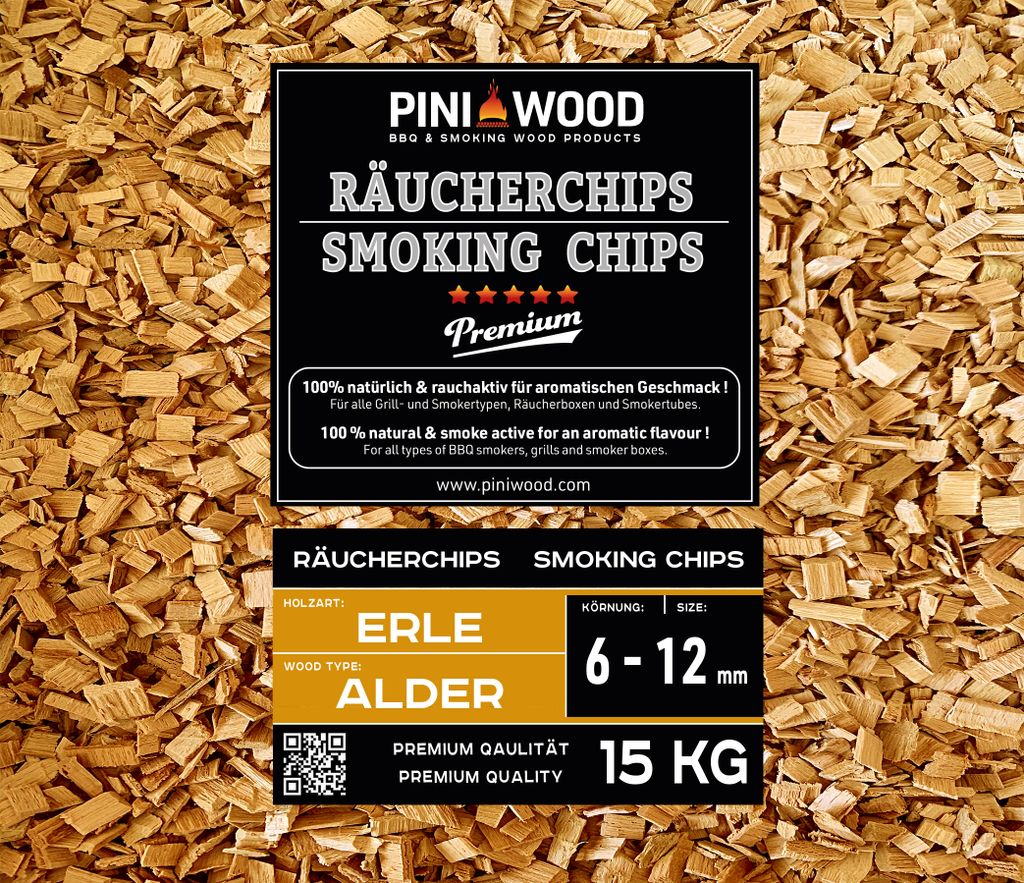 PINI 15 Kg Räucherchips Erle ohne Rinde 6-12 mm Smoking Chips Räucherspäne