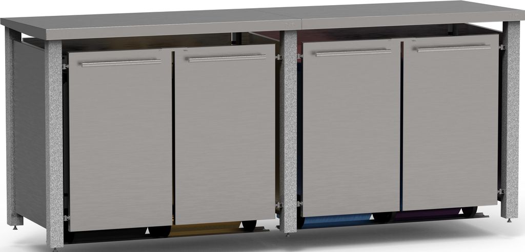 reinkeDESIGN | Tonnenhaus vierer, 4x120L | Typ_N | Pultdach, Stein-Pfosten, Türen & Blenden in Edelstahl | für Privat-Häuser, Herstellerverkauf