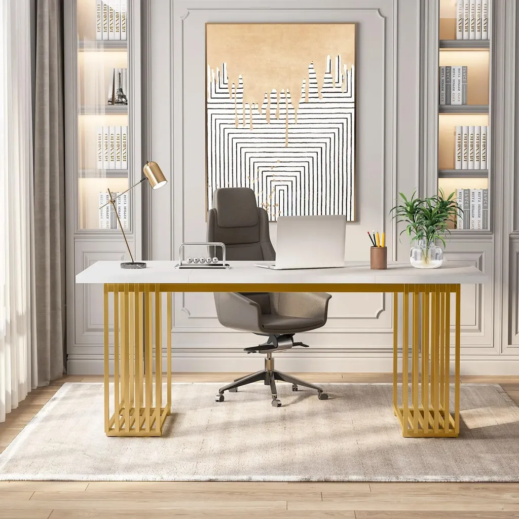 Bureau de direction blanc et doré 180 cm avec structure en fer stable - 5