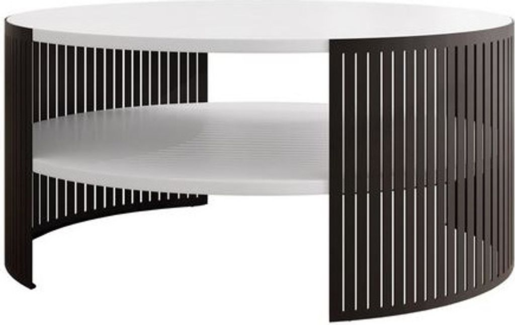 A modern coffee table with a white top and two shelves, supported by a black slatted base.