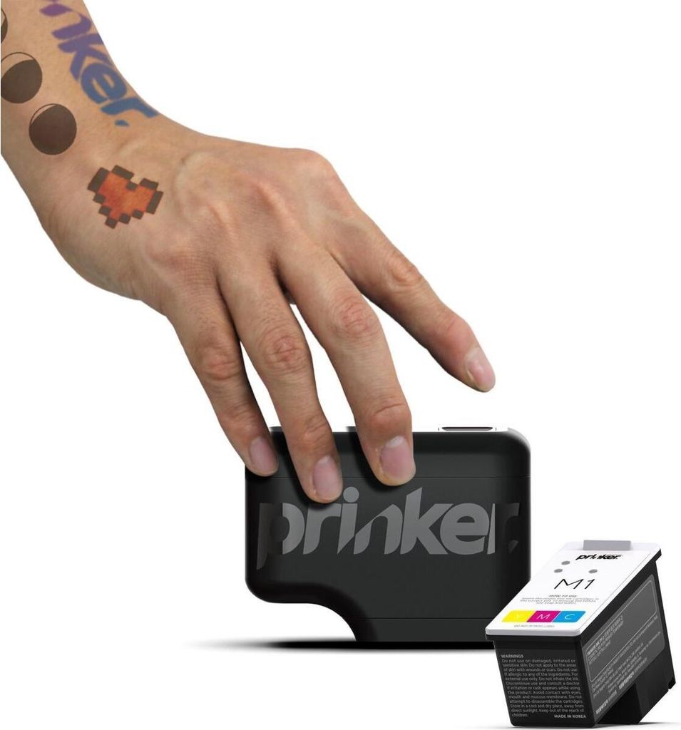 A hand with temporary tattoos is shown holding a black Prinker device, with an ink cartridge next to it.