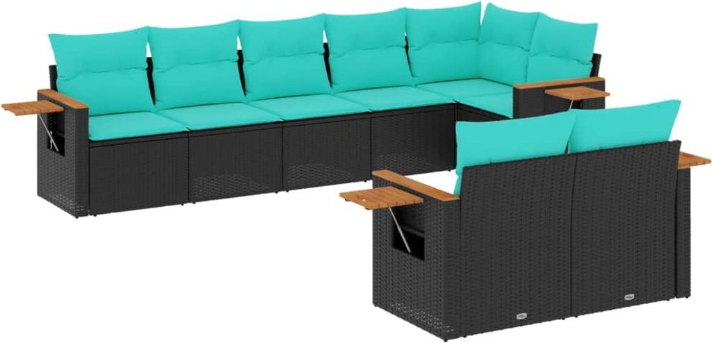 8-tlg. Garten-Sofagarnitur mit Kissen Schwarz Poly Rattan