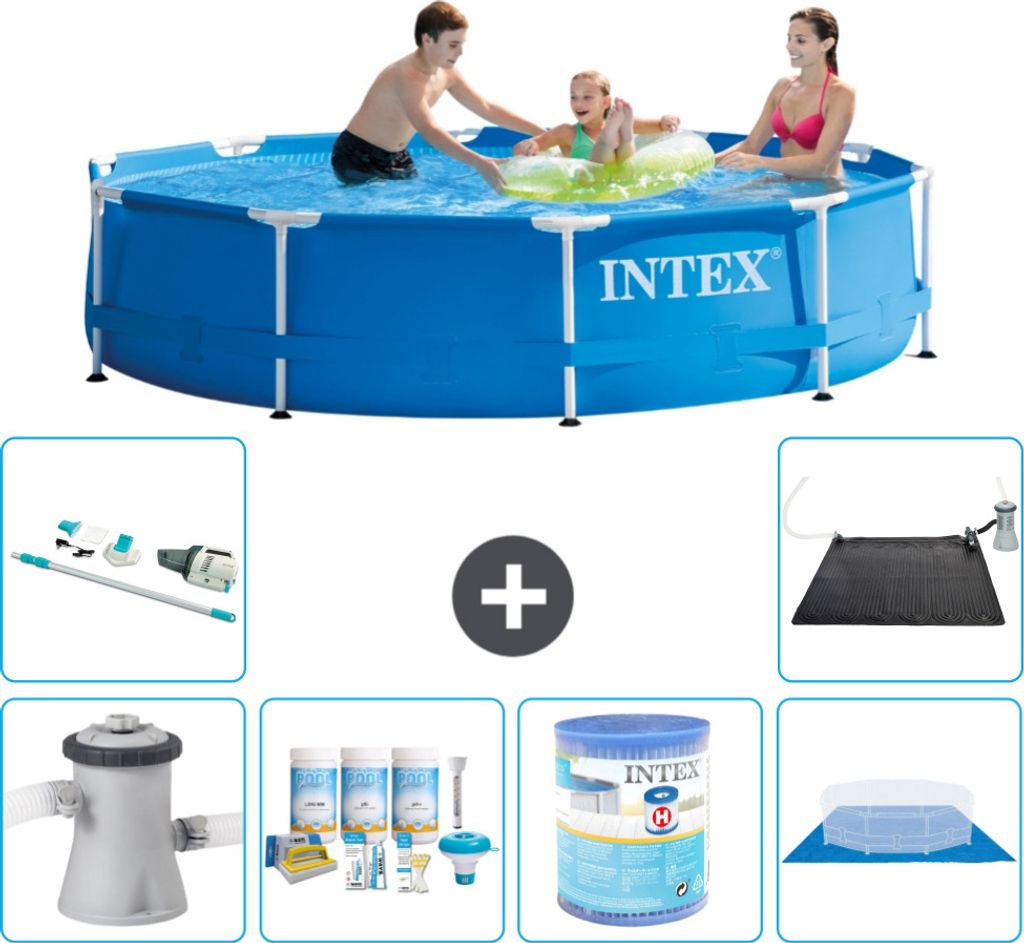 Intex Rundrahmen-Schwimmbecken – 305 x 76 cm – Blau – inklusive Pumpe Wartungspaket - Filter - Bodenplane - Staubsauger - Solarmatte