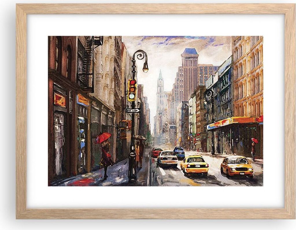 Gerahmtes Poster - Rahmen in heller Eiche - New York Aquarell - 40x30 cm - Wand Bild - Wanddeko - Wandbilder - Kunstposter - Wandposter - Bilderrah...