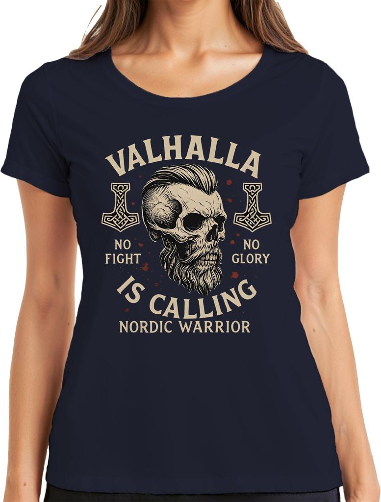 Valhalla is Calling Wikingerkrieger Schädel Runenhammer Nordisch Damen T-Shirt, Navy, XL