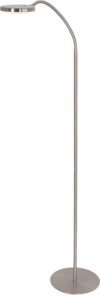 A silver floor lamp with a circular light head and a flexible neck, shown against a white background.
