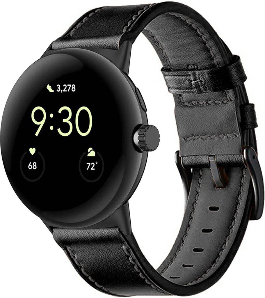 Stravo Premium Echtleder Uhrenarmband 45 mm, passend für Google Pixel Watch 4/3/2, Komfortables Leder Ersatzarmband - Schwarz