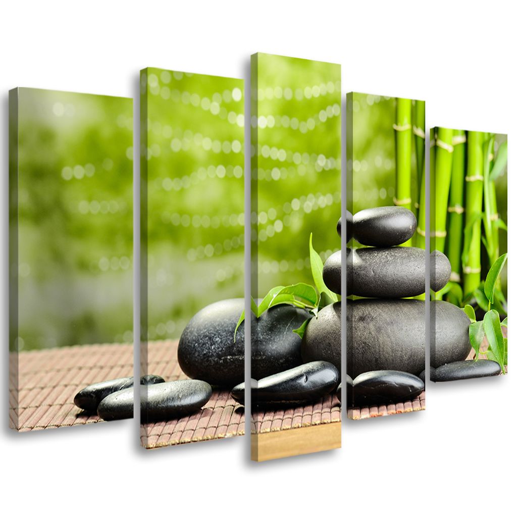 5-teiliges leinwandbild zen-spa-bambus-steine 150x100 cm Feeby grün wandbild bereit zum aufhängen