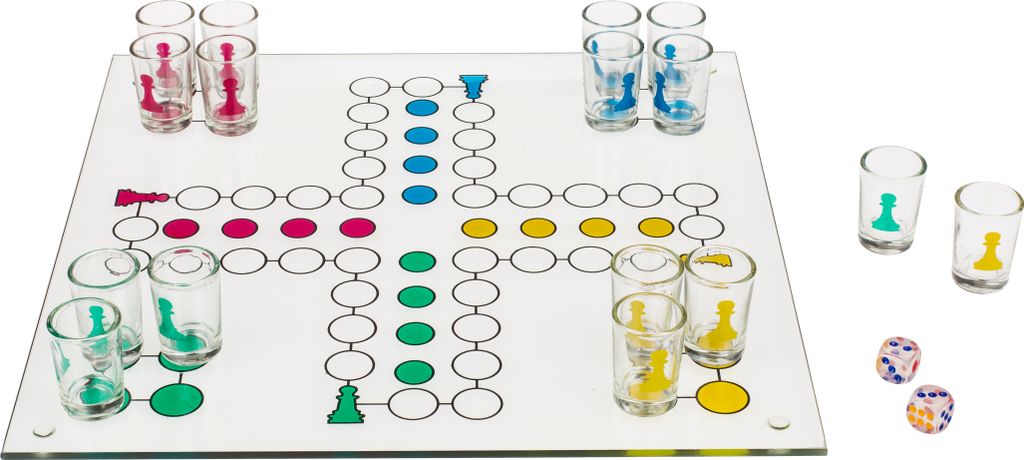 Glas-Trinkspiel "Ludo" | 16 Gläser & 2 Würfel Produktbild 