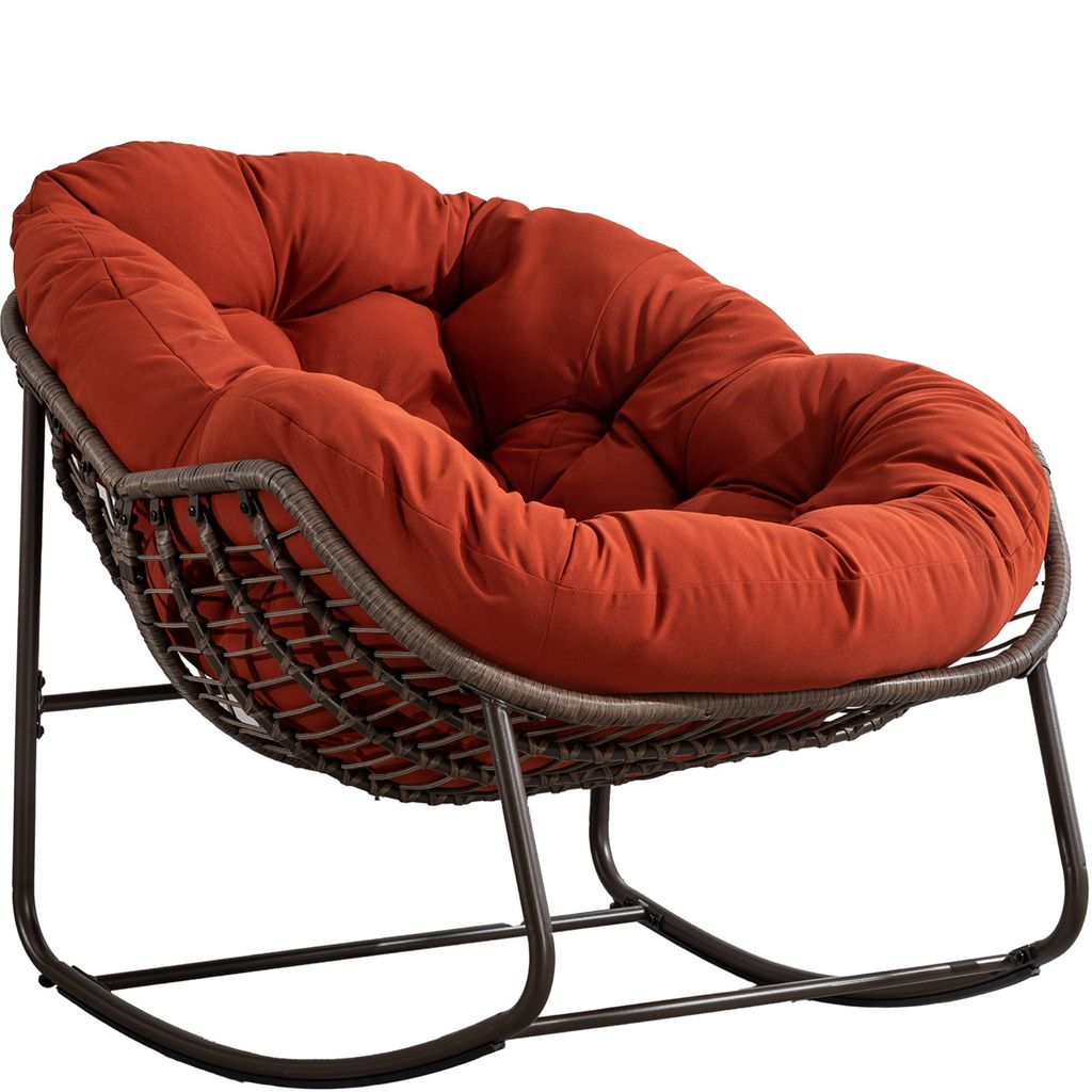 LVHOM Schaukelsessel Garten mit gepolstertem Kissen, Rattanstuhl mit Stahlrahmen, Schaukelstuhl Outdoor Loungesessel, Sessel für Balkon, Orange