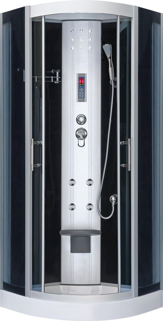A modern shower cabin with a central control panel and shower head.