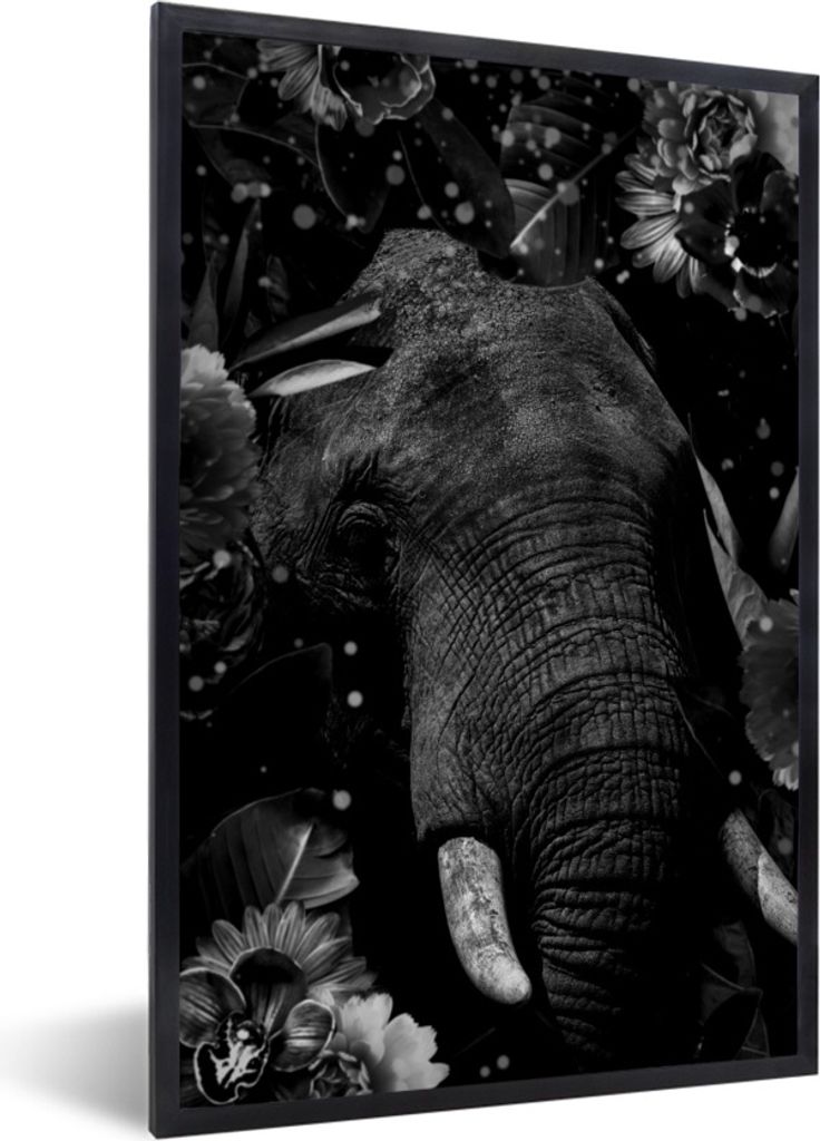 MuchoWow Gerahmtes Poster Botanischer Elefant mit hellen Kugeln auf schwarzem Hintergrund - schwarz und weiß 20x30 cm - Poster mit Schwarzem Bil...