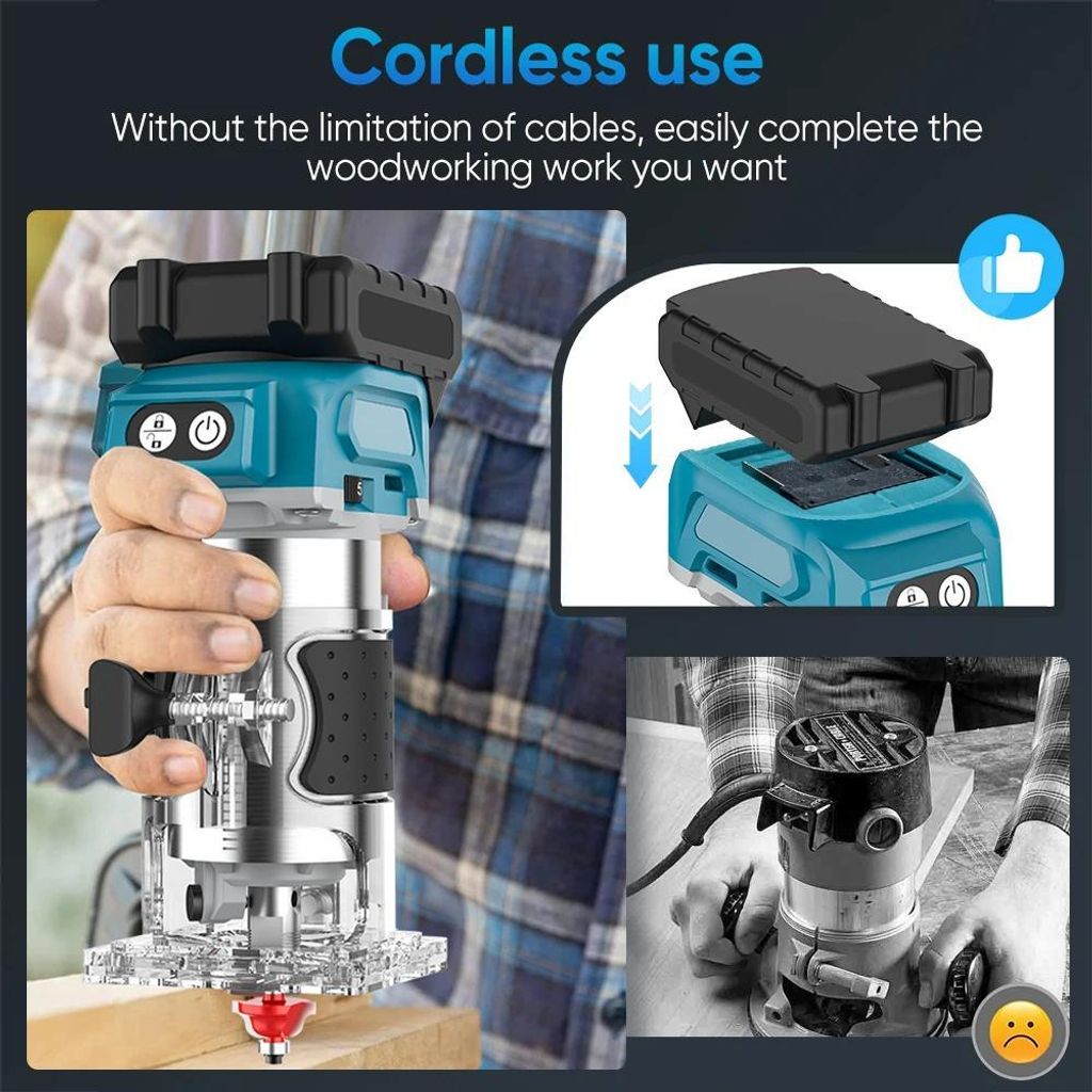 Bürstenloser Kantenfräser für Holz - Typ C - 18V akkubetrieben, kabellos - Handgeführt - Für Holzarbeiten und Kantenbearbeitung - Silber