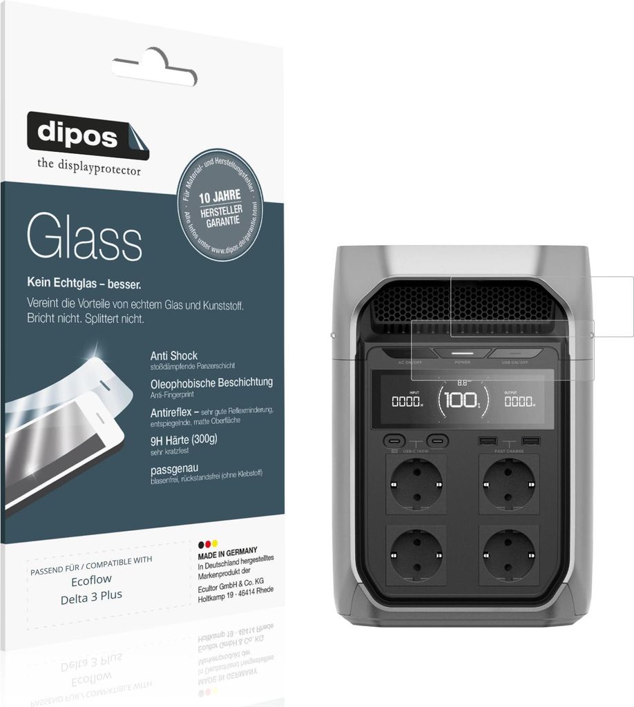2x Schutzfolie für Ecoflow Delta 3 Plus matt - Anti-Shock 9H Folie dipos Glass Kunststoffglas