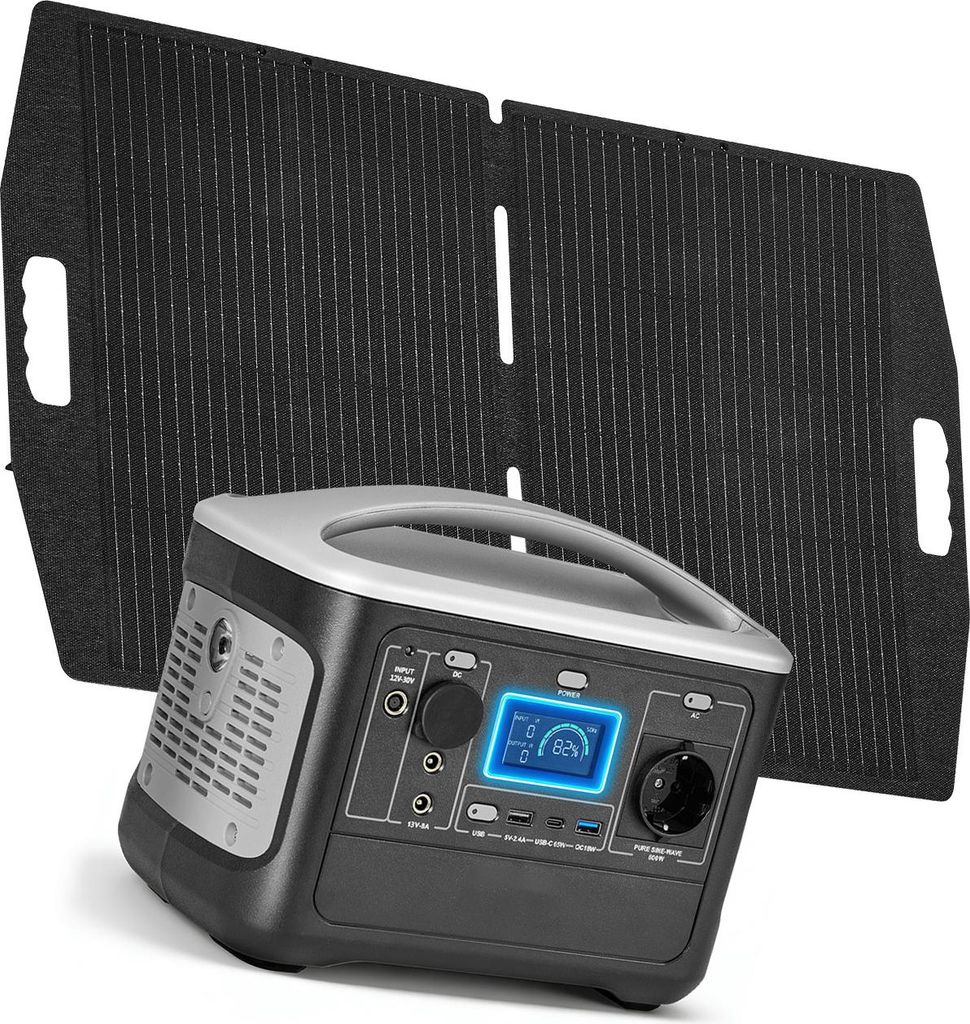 SucceBuy Tragbare Powerstation mit 100-W-Solarpanel, 600-W-Solargenerator, 493-Wh-LiFePO4-Akku und 7 Anschlüssen, Stromversorgung für Notfälle, ...
