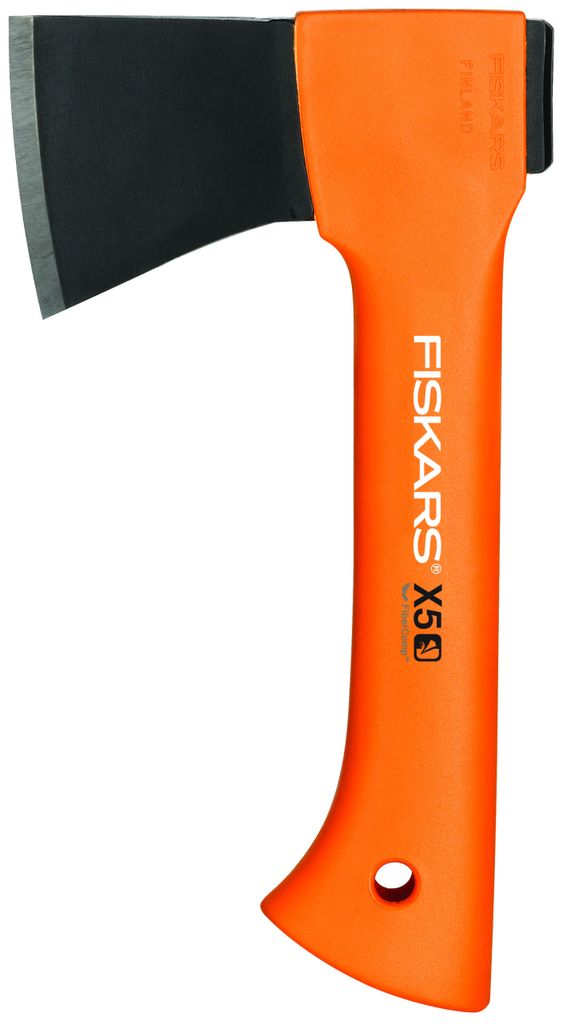 A Fiskars X5-XXS hatchet with an orange handle and black blade, shown against a white background.