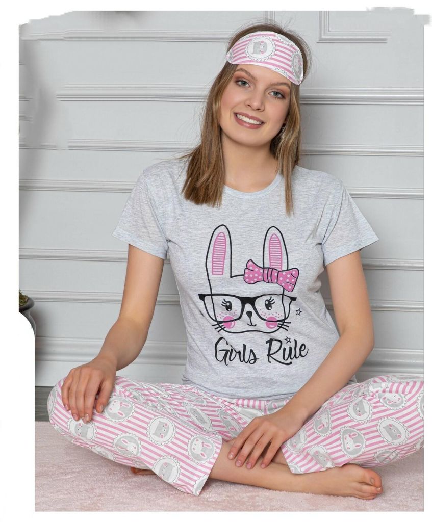 Damen Pyjama Schlafanzug Hellgrau XL Kurz 3-Teiler Set mit Produktbild 