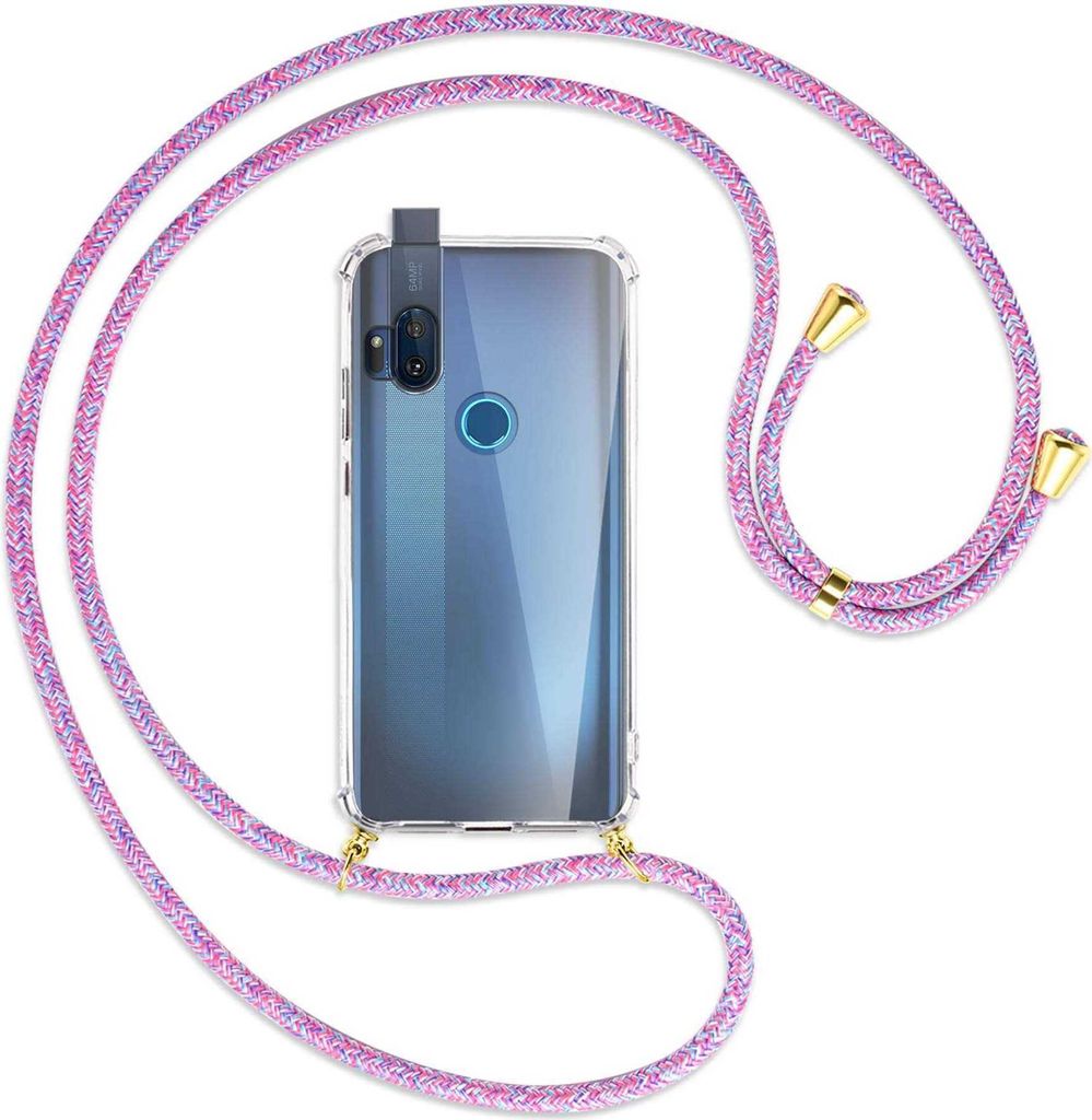 Handykette Backcover-Schutzhülle mit Band (Metall goldfarben) für Motorola One Hyper - lila/rosa/blau