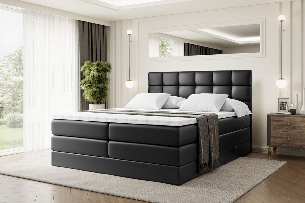 ALTDECOR Boxspringbett mit Matratze und Lattenrost - BRUGO KING - 160x200 cm - Schwarz Kunstleder - Topper, Polsterbett mit Bettkasten, Bett mit St...