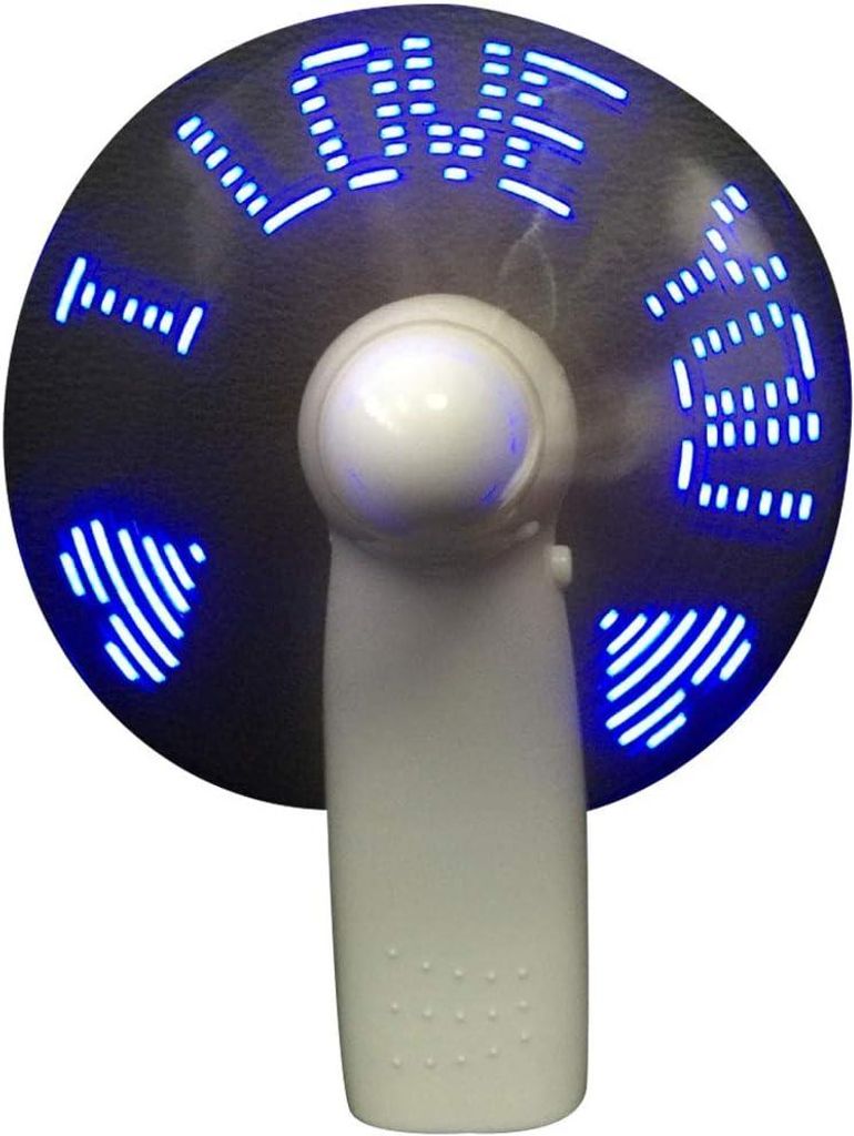 LED-Handventilator mit Laufschrift („I LOVE YOU“, weißes Produktbild 