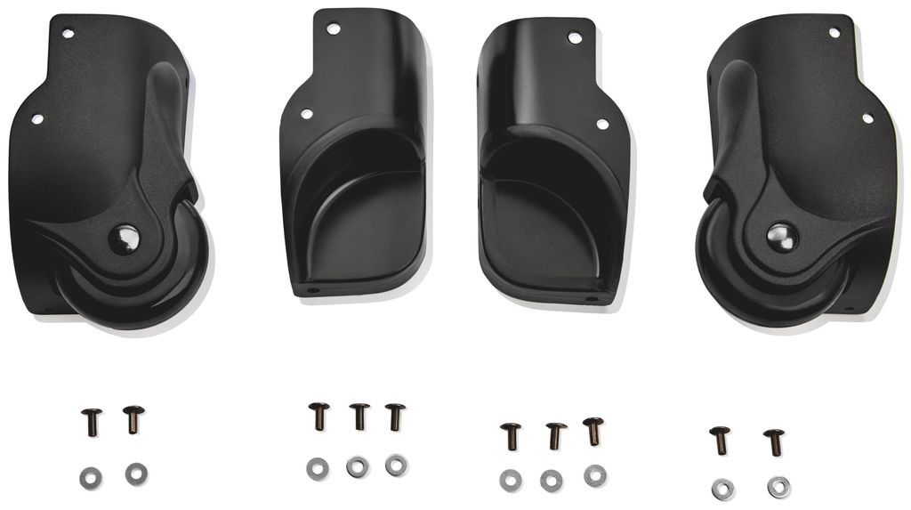 Four black replacement wheels and screws for luggage or cases.