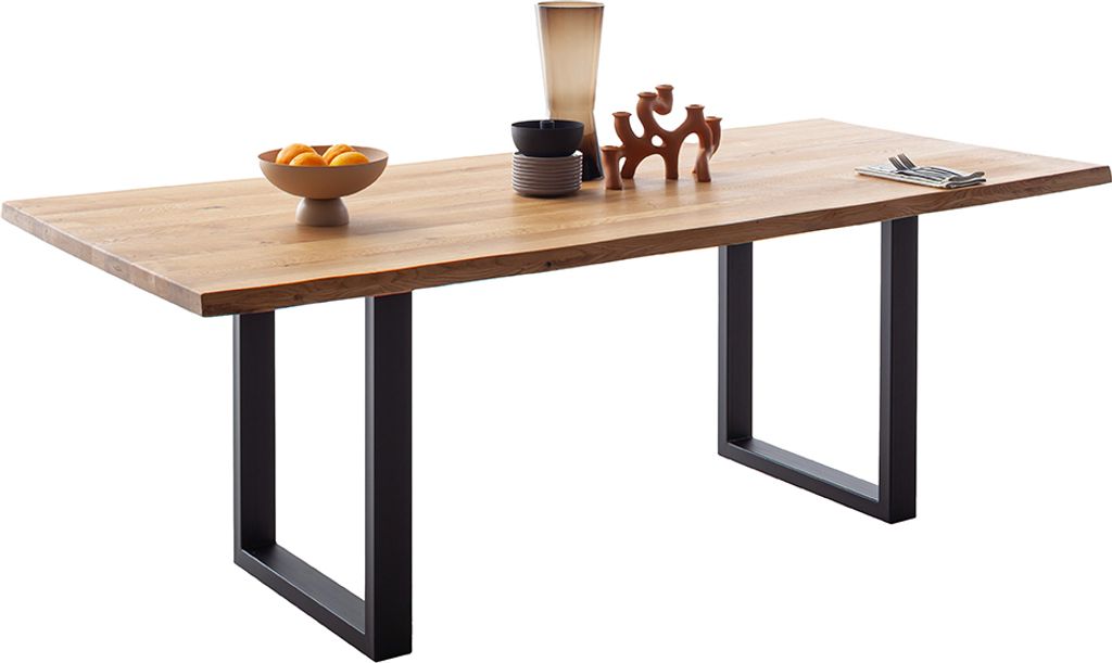 Massivholz-Esstisch 180x100 cm in Wildeiche massiv geölt mit U-Gestell und Baumkantenoptik - DEWEY-06