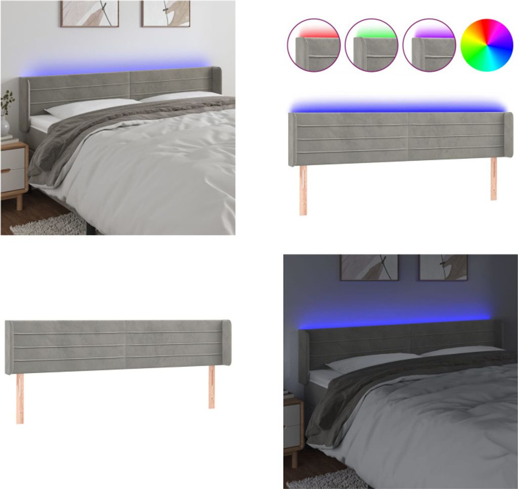 vidaXL LED Kopfteil Hellgrau 163x16x78/88 cm Samt - LED Kopfteil - LED Kopfteile - Kopfteil - Bett-Kopfteil