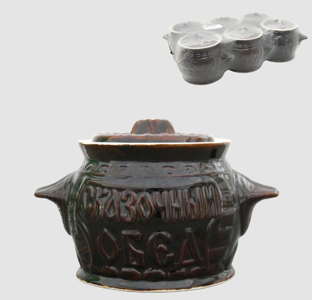 A large ceramic pot with a lid and a six-pack of smaller ceramic pots are shown against a light gray background.
