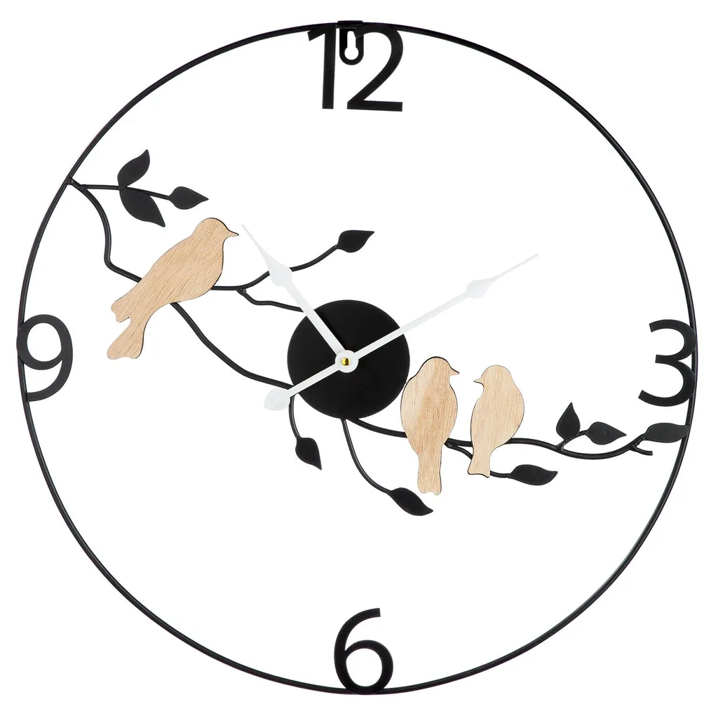 Grande Horloge Murale 50 cm en Métal Noir Motif Oiseaux sur Branche