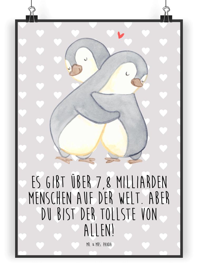 Mr. & Mrs. Panda Bild Pinguine Kuscheln DIN A3 - Grau Pastell - Geschenk, Wandschmuck, drucke, für Freundin, Valentinstag, Wandbild, Partner, Frau...