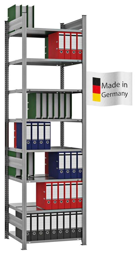 PROREGAL Aktenregal Stecksystem MAGNUS Germany | HxBxT 270x75x60cm | 8 Ebenen | Fachlast 90kg | Beidseitig nutzbar | Verzinkt