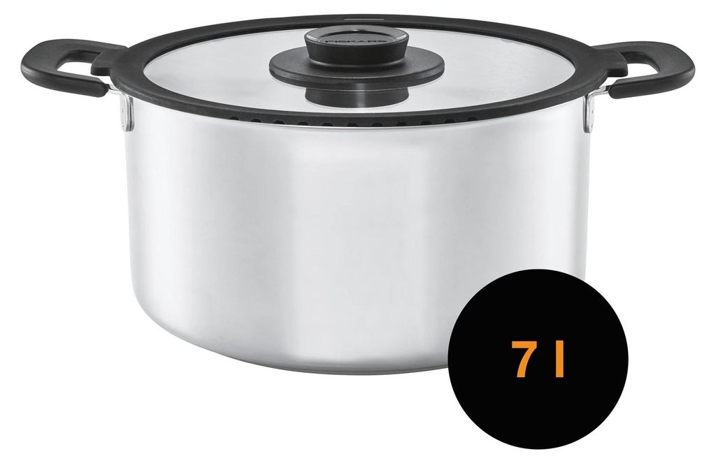 A stainless steel pot with a glass lid and black handles is shown against a white background. A black circle with orange text '7 L' is overlaid on the bottom right of the image.