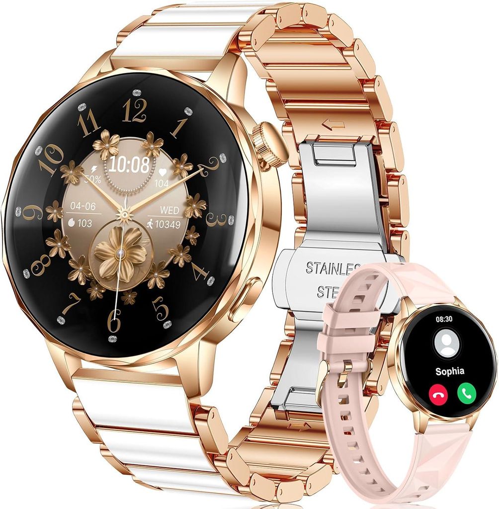 Fur Damen Smartwatch mit Fitness Tracker: Bluetooth Anrufe Schrittzähler Sport Wasserdicht IP67