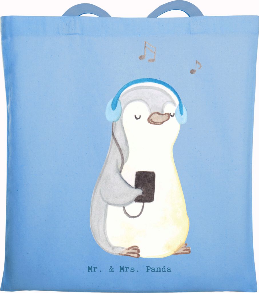 Mr. & Mrs. Panda Beutel Pinguin Musik hören - Sky Blue - Geschenk, Jutebeutel, Schultasche, Tote Bag, Lieblingssong, Laptoptasche, stoff shopper, ...