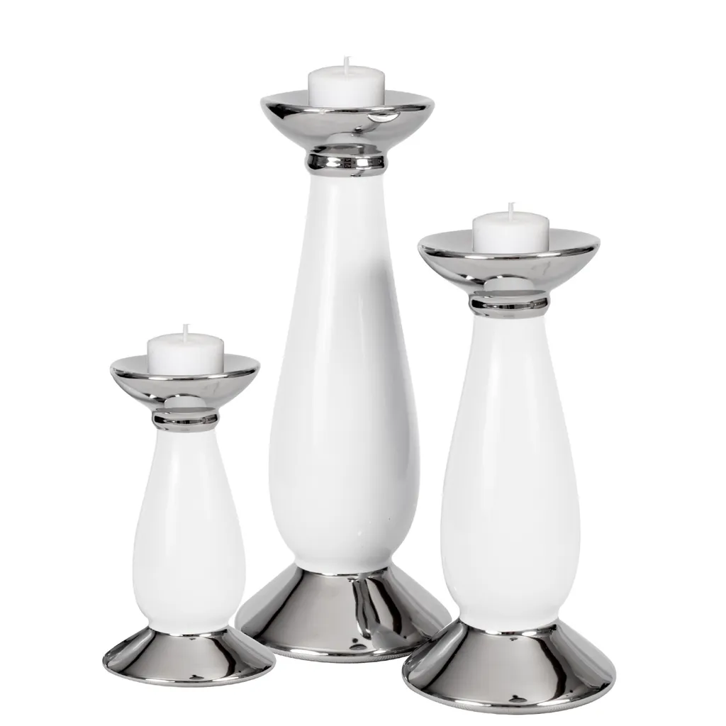 Set Portacandele Ceramica Bianco Argento | Accessori Casa Moderni