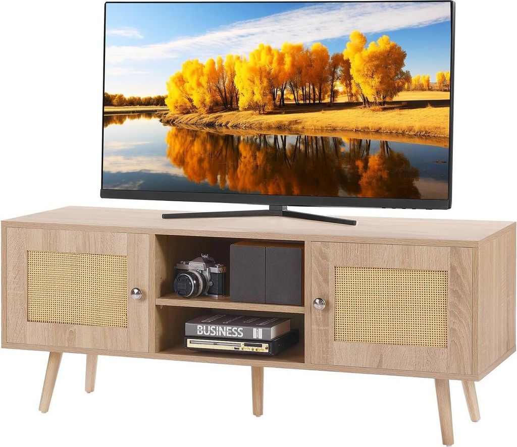 Rattan-TV-Ständer, Boho-TV-Schrank für 55-Zoll-Fernseher, Mid Century Modern TV-Ständer, Rattan-TV-Konsole mit verstellbaren Regalen für Wohnzi...