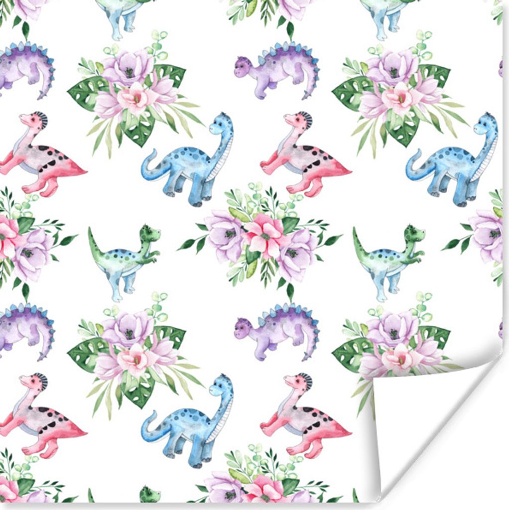 MuchoWow Poster Kinderzimmer - Dinosaurier - Blumen - Mädchen - Kinder - Rosa - Kind 75x75 cm - Wand Dekoration