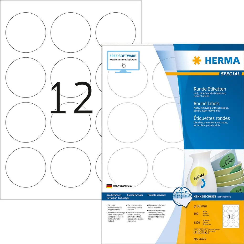 HERMA Special Etichette Rotonde 60mm Rimovibili - 1200 Pezzi Bianche