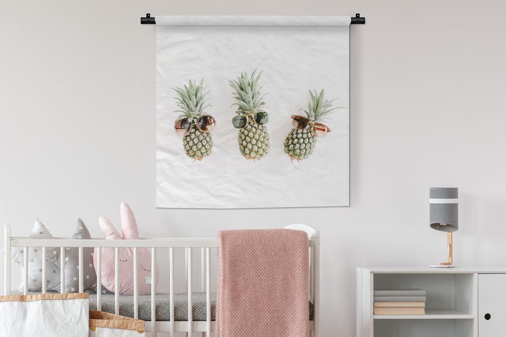 MuchoWow Wandteppich Wandbehang Ananas - Sonnenbrille - Gelb 90x90 cm Tapisserie Dekoration Wandtuch - Wandaufhänger
