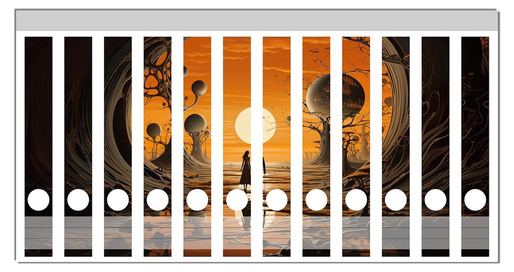 Wallario Ordnerrücken Sticker, selbstklebend für schmale Ordner, 12 Stück, Motiv Sonnenuntergang in einer fremden Welt