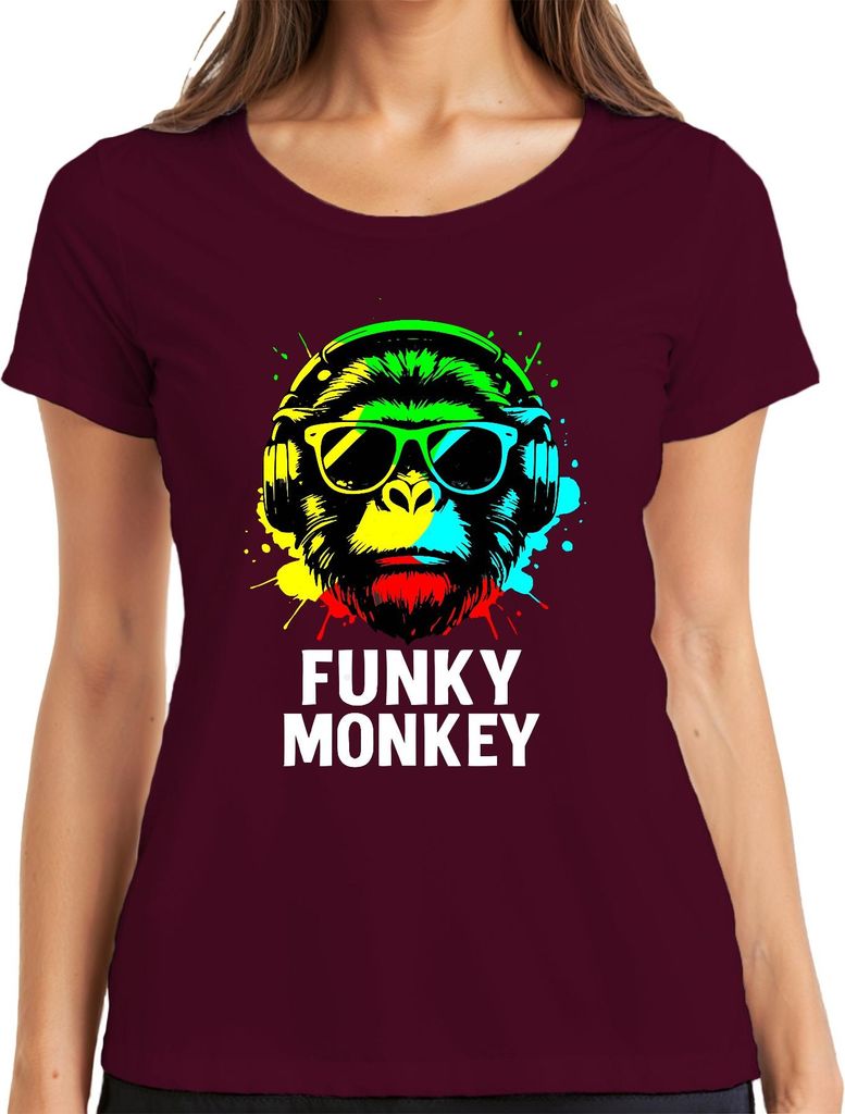 Funky Affe Kopfhörer Sonnenbrille Musik DJ Retro Bunt Streetwear Damen T-Shirt, Burgundy, M
