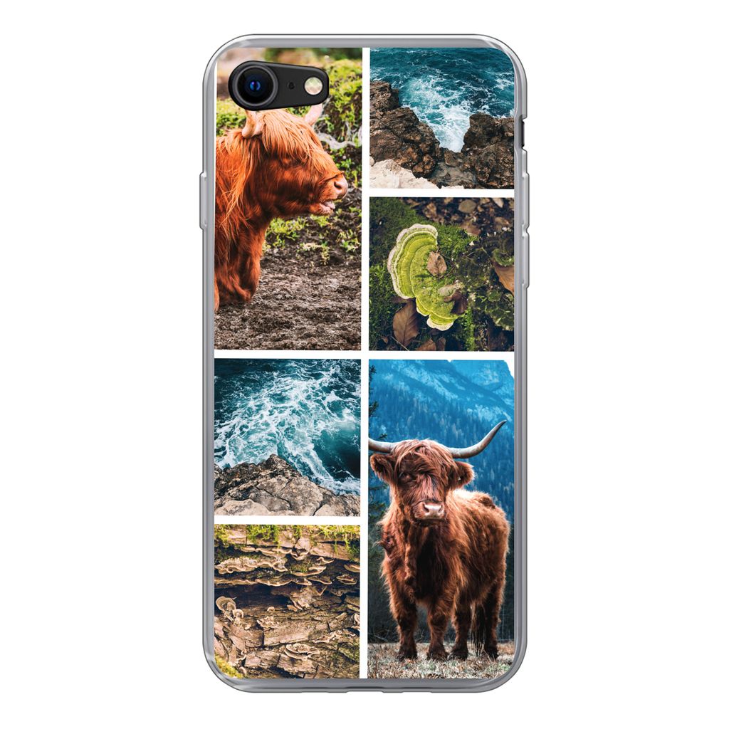 MuchoWow Handyhülle Schutzhülle Hülle für iPhone SE 2022 Schottische Highlander - Natur - Collage Silikon Softcase Handy Hülle - Schutzhülle